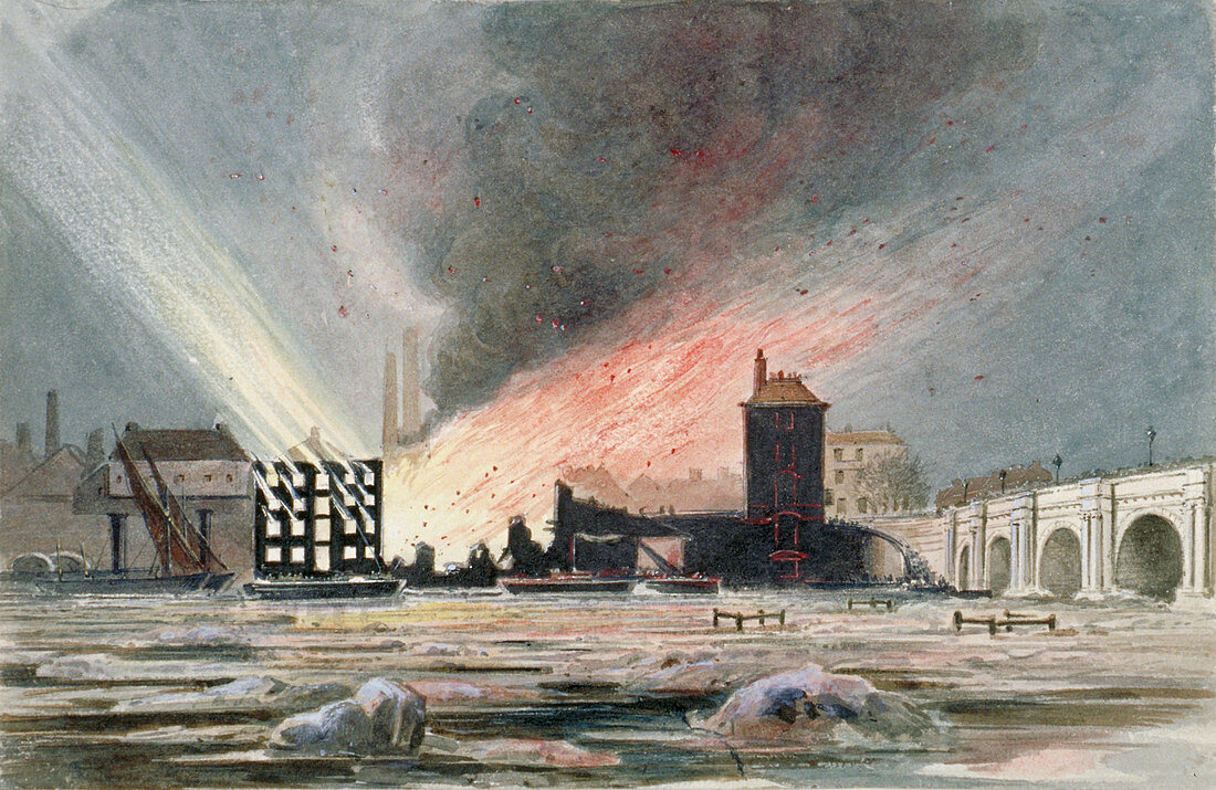Destruction of warehouse, Blackfriars, London, 1845
