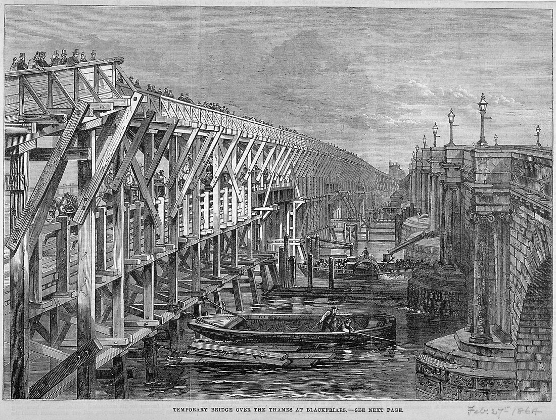 Temporary wooden bridge at Blackfriars, London, 1864