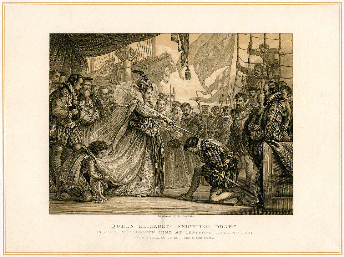 Queen Elizabeth Knighting Drake on board the Golden Hind