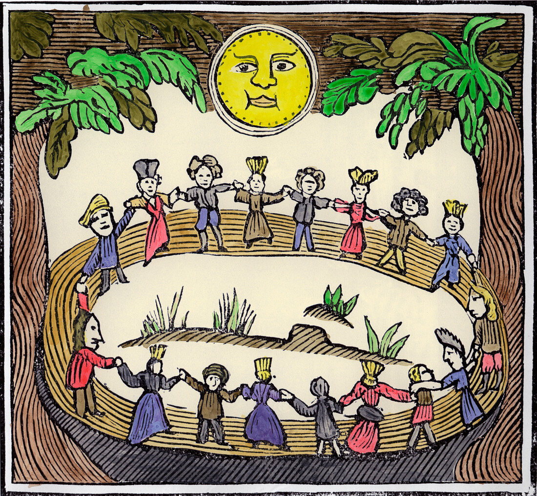 A circle of witches dancing beneath a full Moon