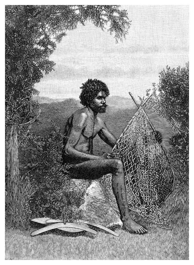 Blackfellow Mending His Net', Australia, 1886