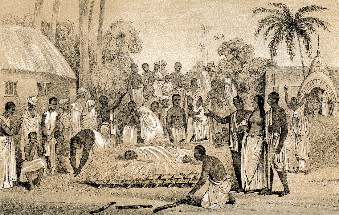 Burning Hindu widow with the body of her late husband, 1847