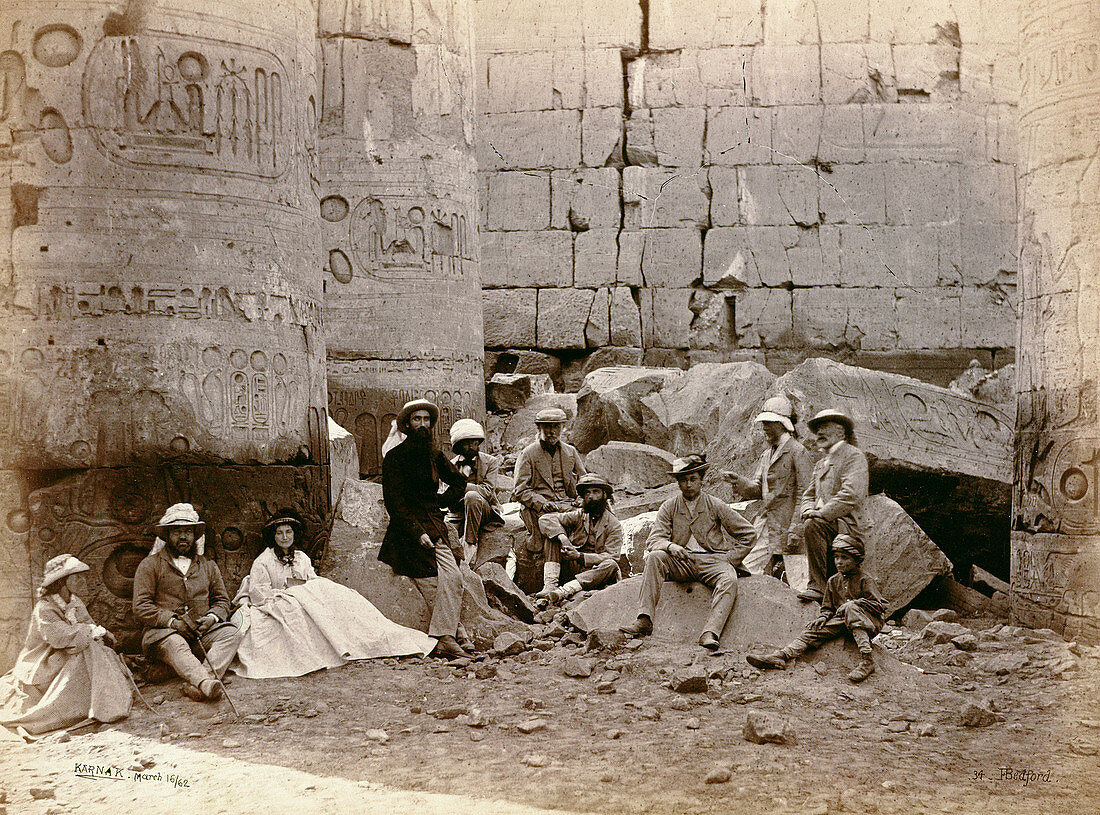 Group photograph in the Hall of Columns, Karnak, Egypt, 1862