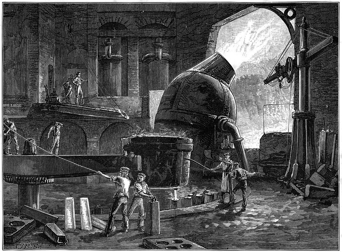 The Bessemer process for the mass-production of steel, c1880