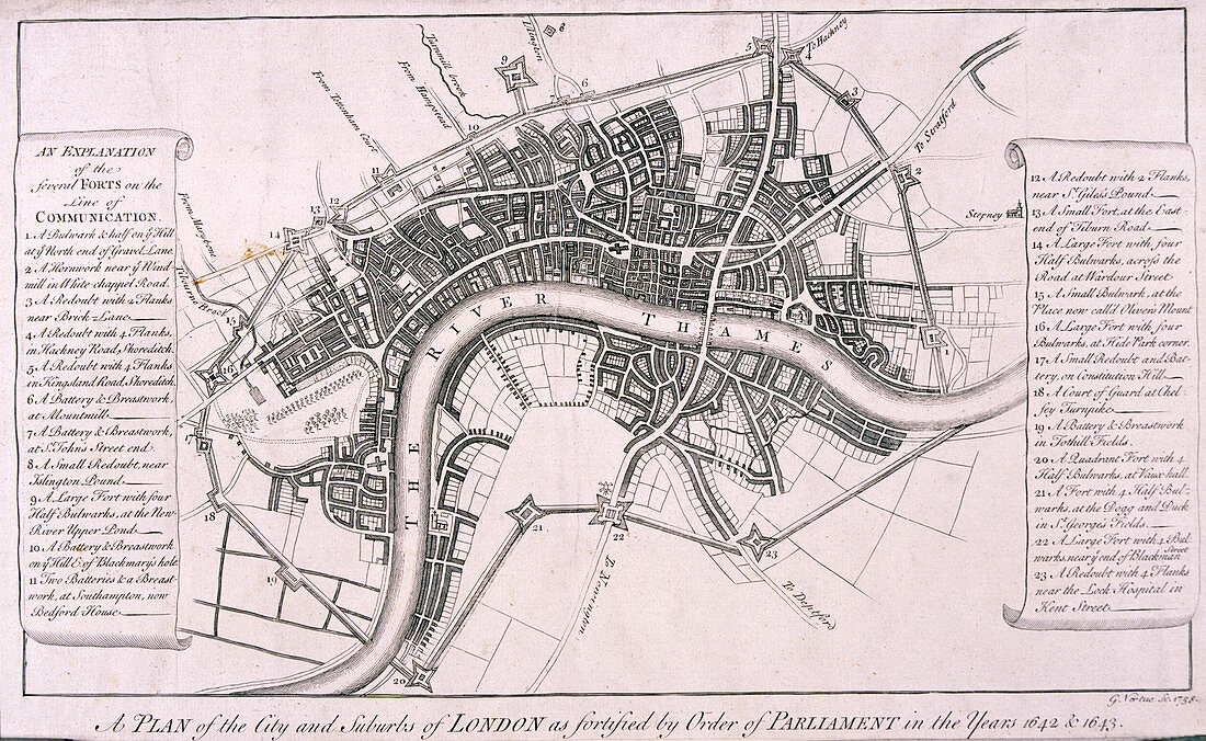 Map of London with English Civil War Fortifications, c1642