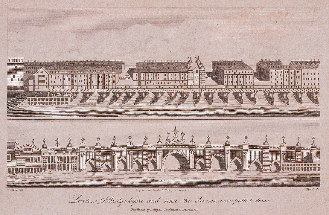 Two Views of London Bridge (old), London, 1805