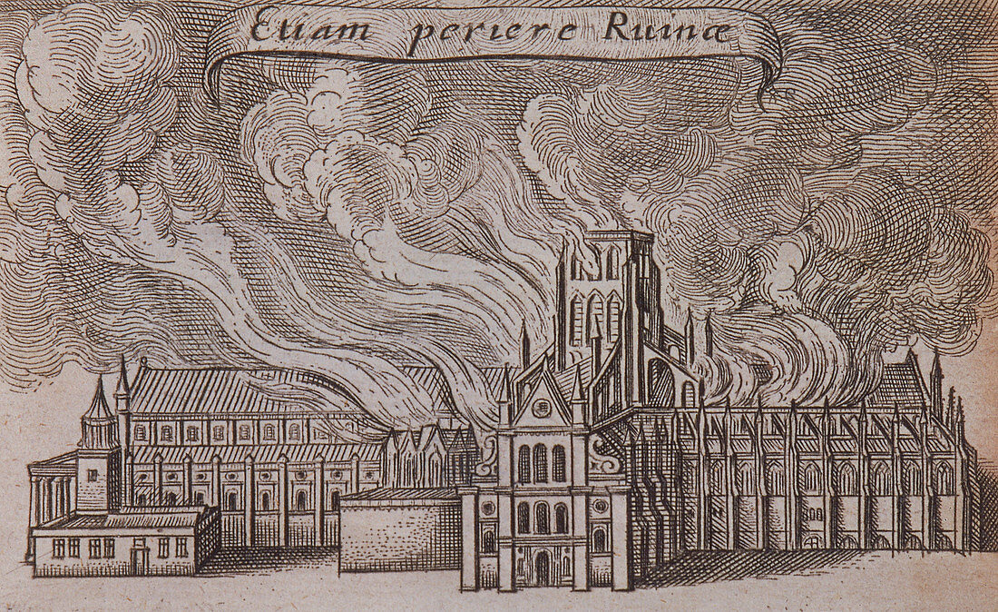 St Paul's Cathedral (old), London, on fire, 1666