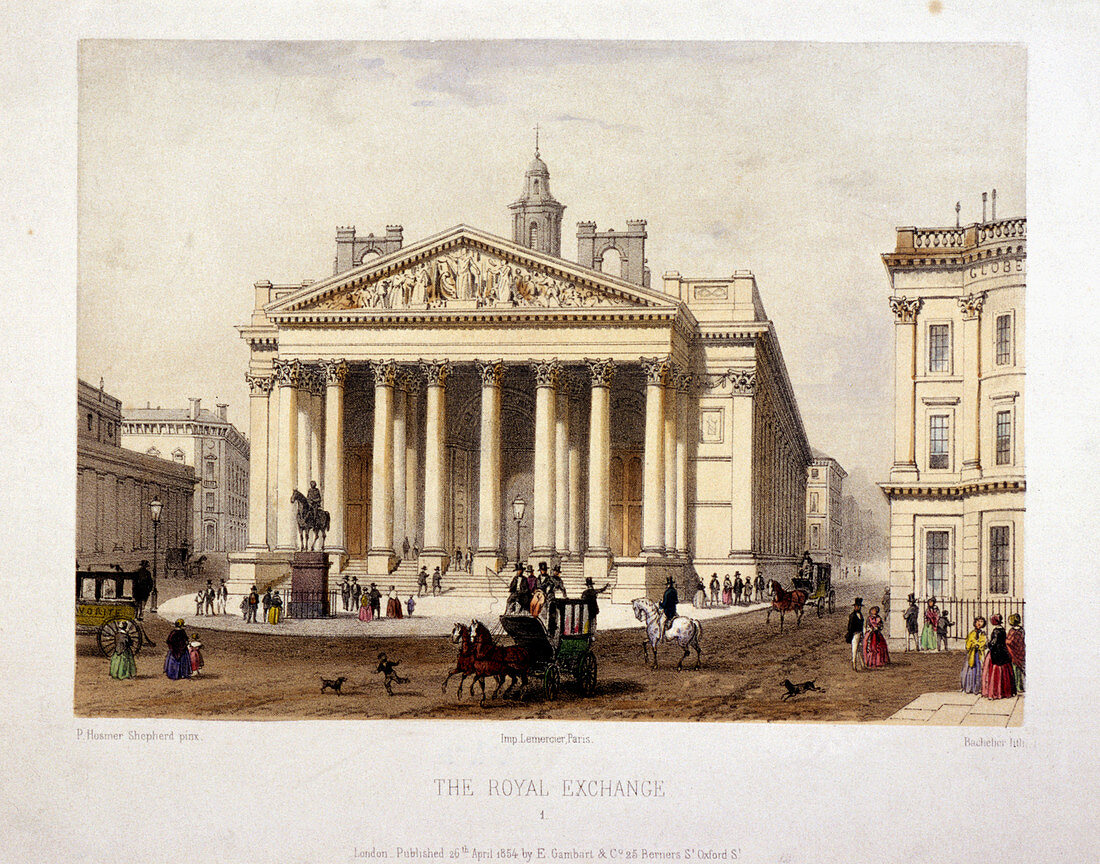 View of the Royal Exchange's west front, London, 1854