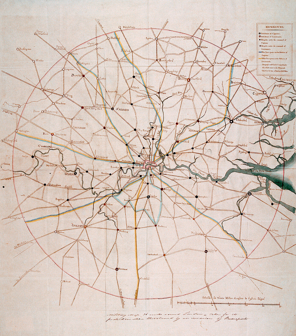 Military map of a thirty six mile area around London, c1804