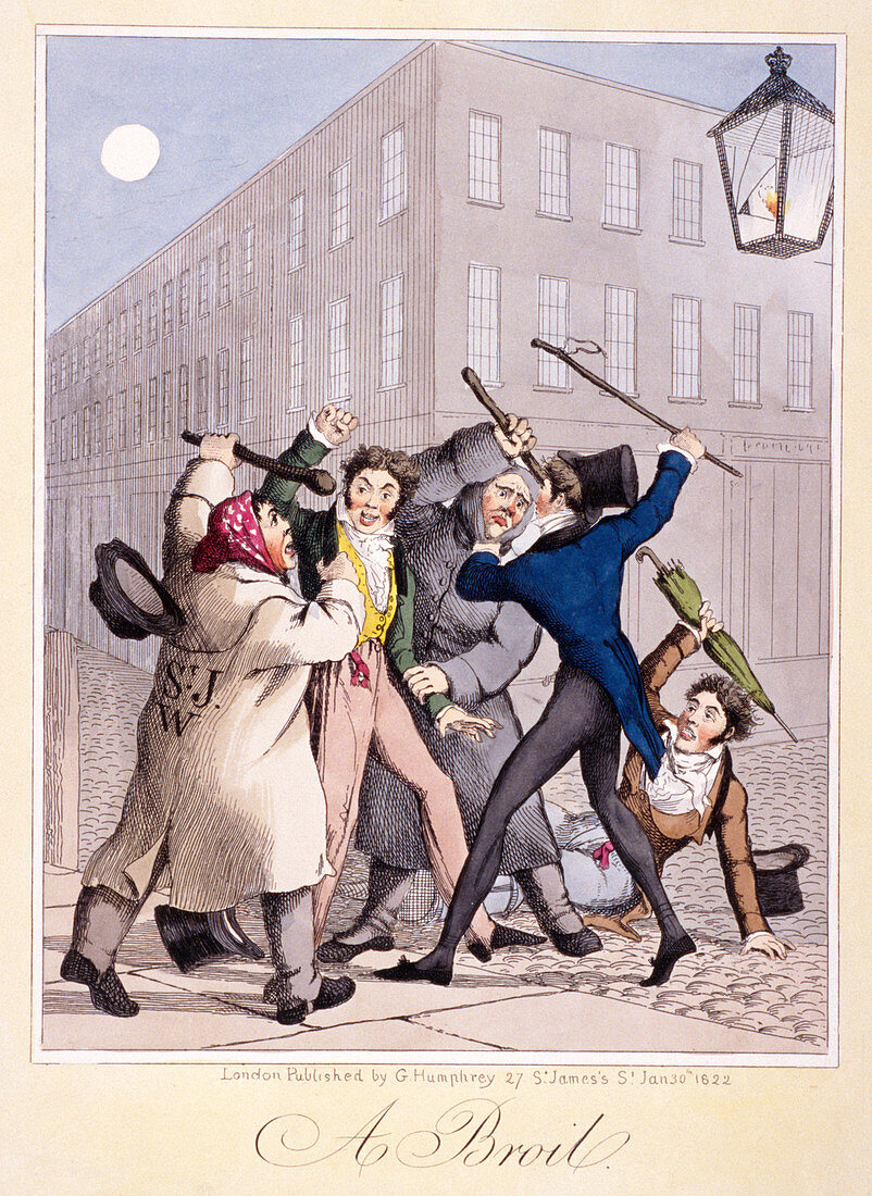 Street fight scene at night, London, 1822