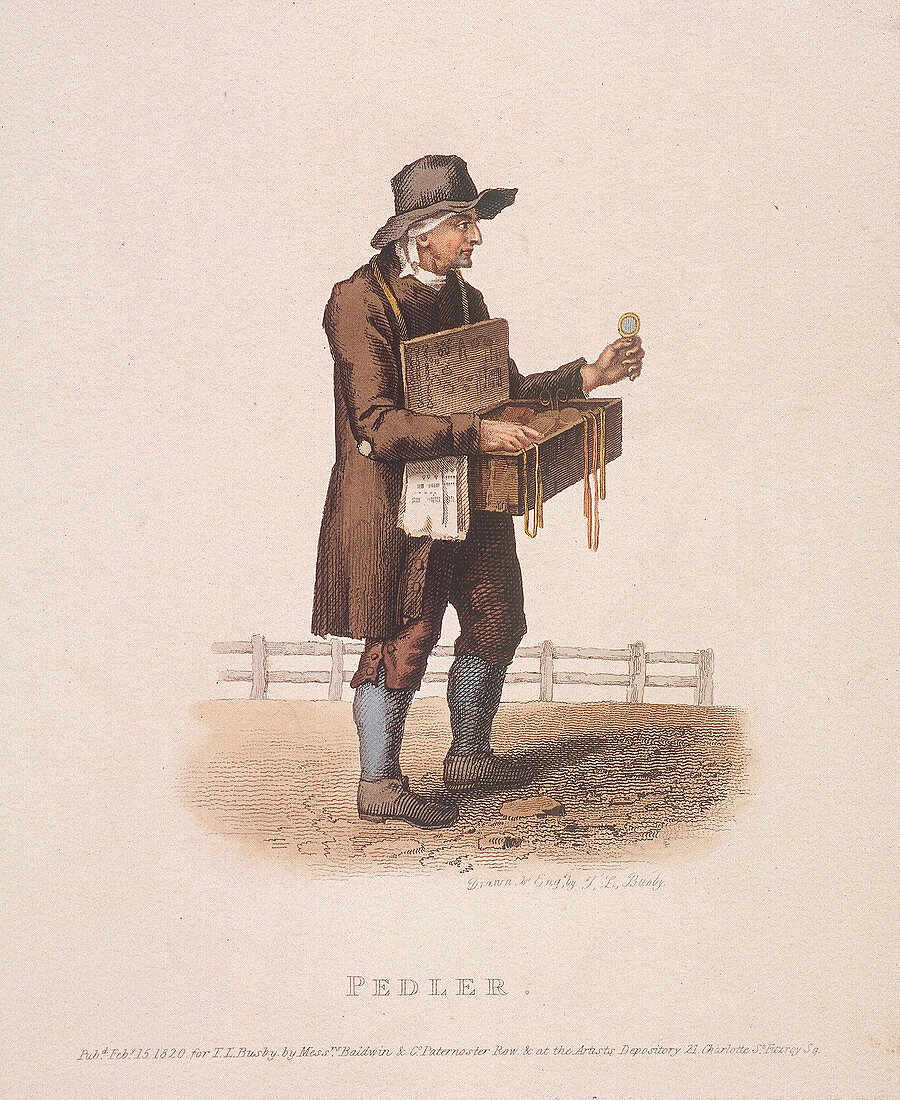 Pedlar with his box of wares hung around his neck, 1820