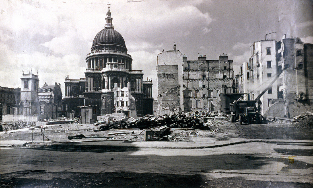 St Paul's showing nearby air raid damage, London, c1941