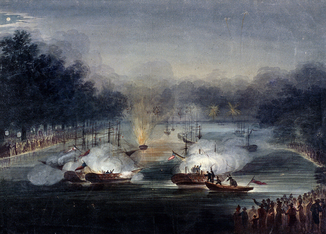Sham fight on the Serpentine, Hyde Park, London, 1814