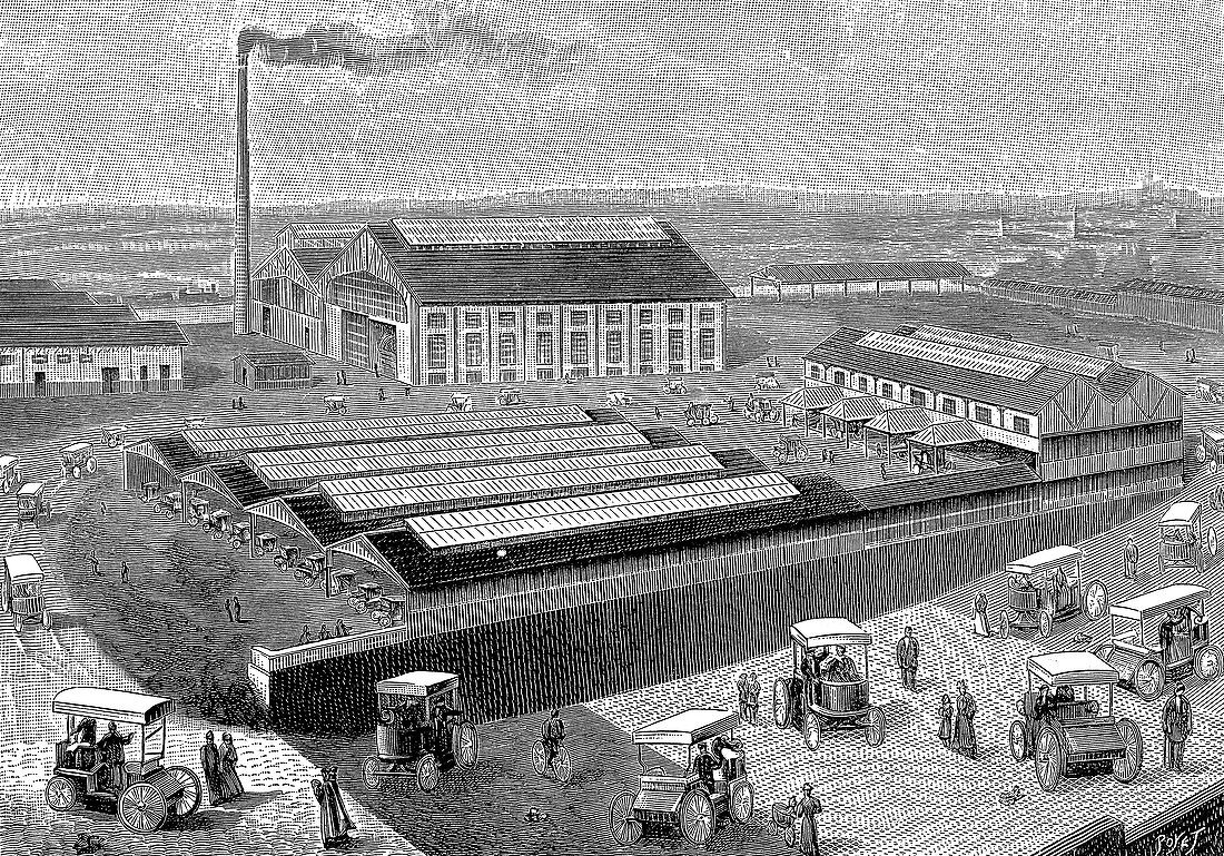 Factory for recharging and servicing electric cabs, 1899