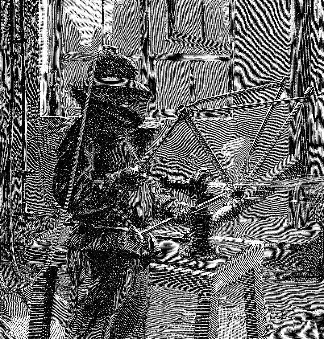 Sandblasting the joints of a bicycle frame, France, 1896