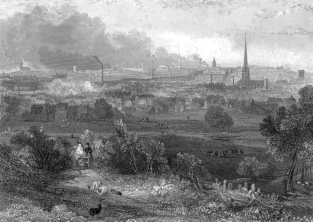 Birmingham from the south showing smoking chimneys, c1860