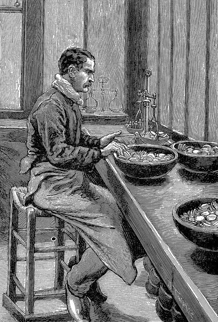 Testing the weight of gold pieces, Paris mint, 1892