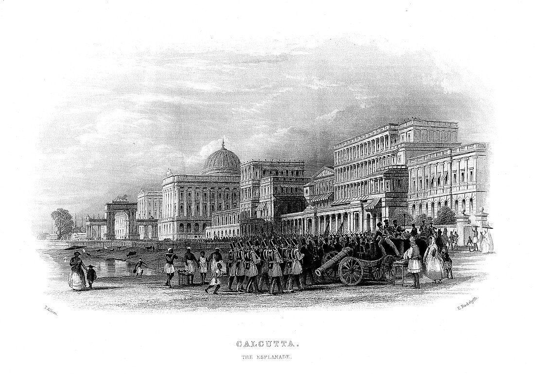 British troops parading on the esplanade, Calcutta, India