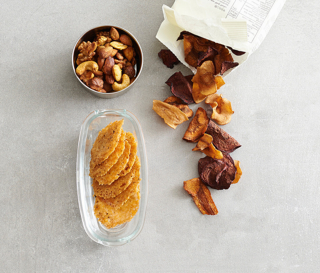 Low carb snacks: vegetable crisps, snack nuts and cheese crackers