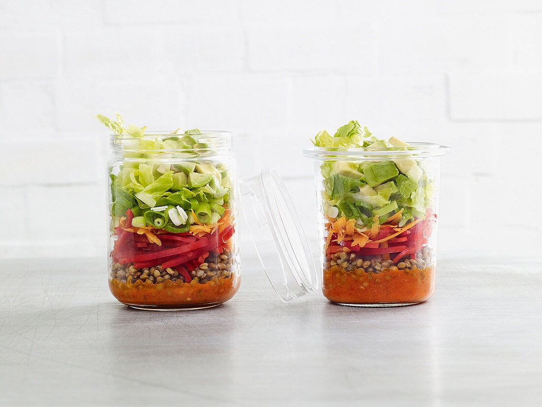 Lentil salad with avocado in glasses (low carb)