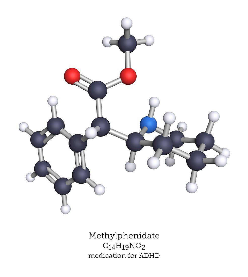 Methylphenidate drug, molecular model