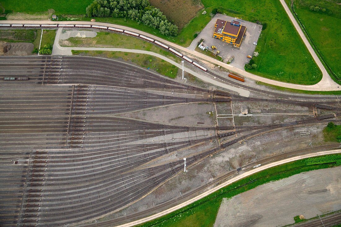 Converging train tracks, aerial photograph