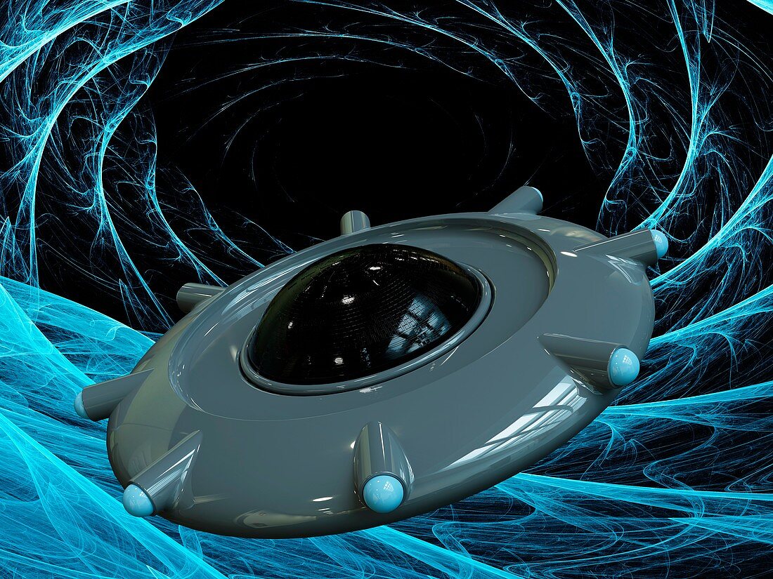 Flying saucer and black hole, illustration