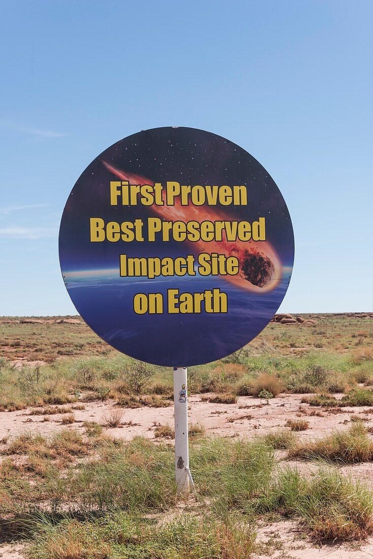 Road sign for Barringer meteor crater, Arizona, USA