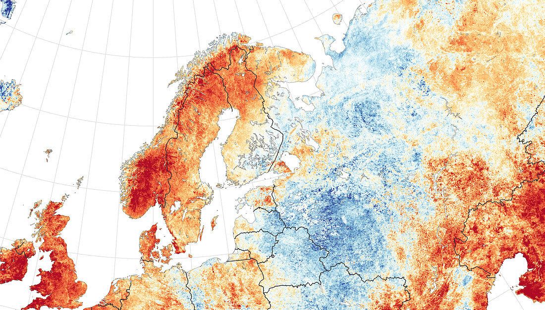 Scandinavian heat wave, July 2018, satellite image