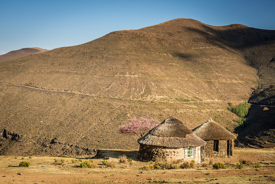 Two traditional huts in front of a mountain, Lesotho