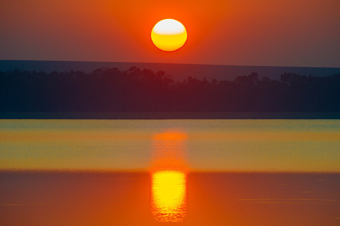 Sunrise over a lake in Oranjeville, South Africa