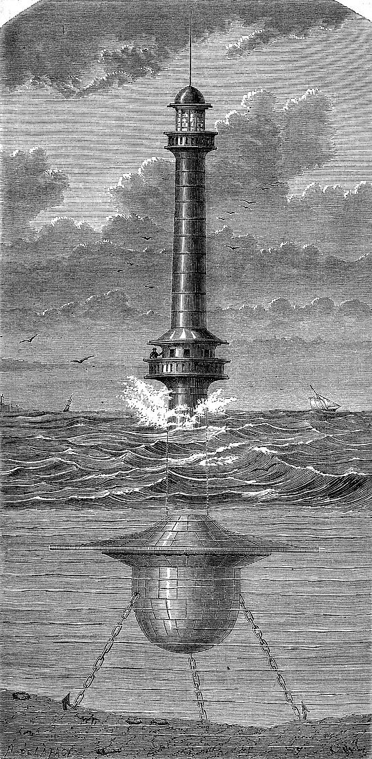 19th Century floating lighthouse, UK, illustration