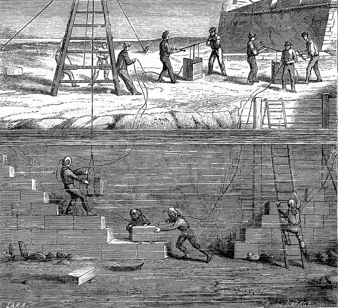 19th Century underwater construction, illustration