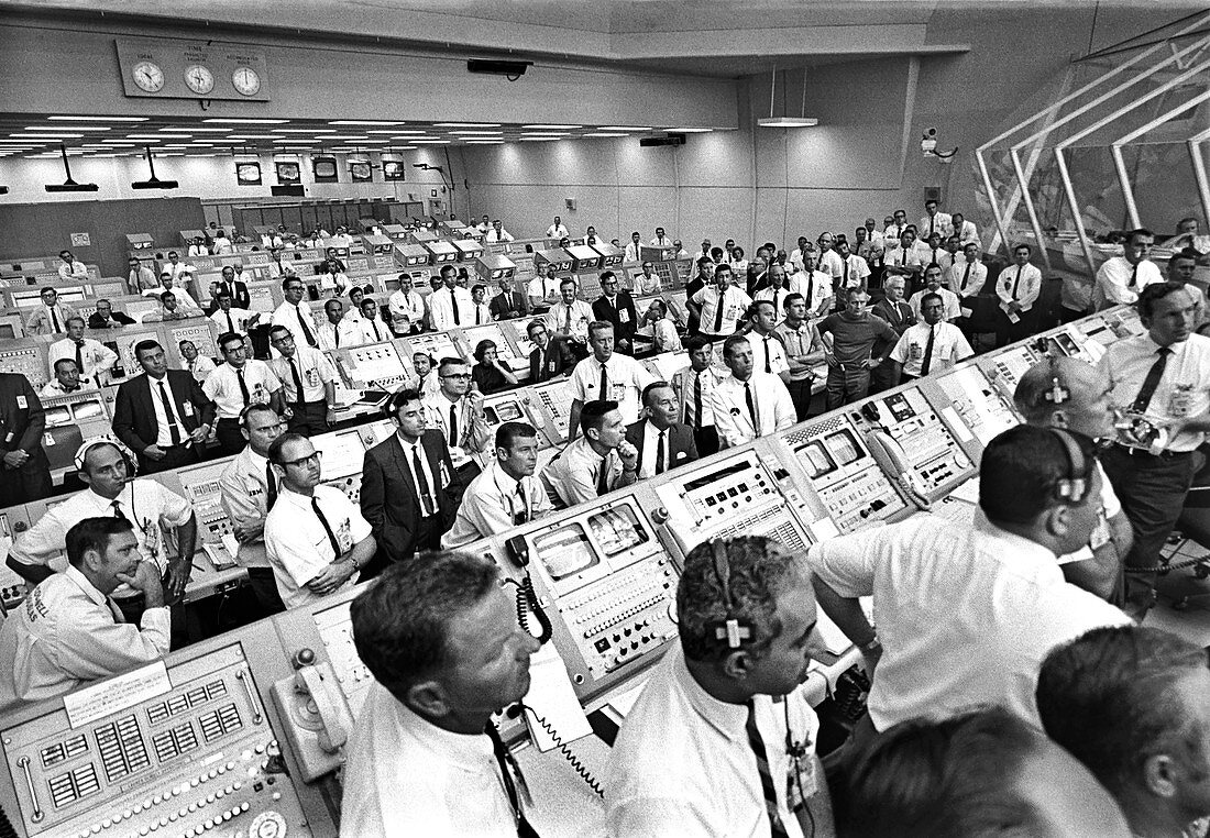 Mission controllers watching Apollo 11 launch, 1969