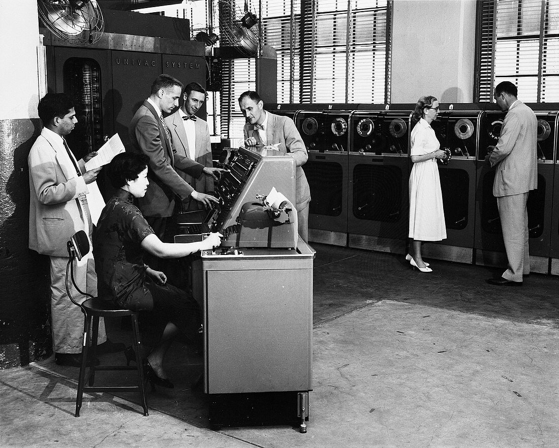 Researchers using UNIVAC computer, 1950s