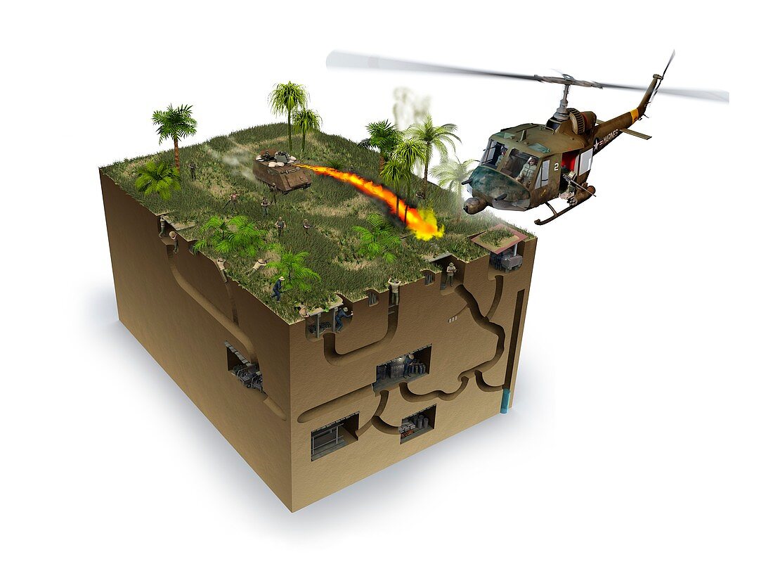 Viet Cong tunnels during Vietnam war, illustration