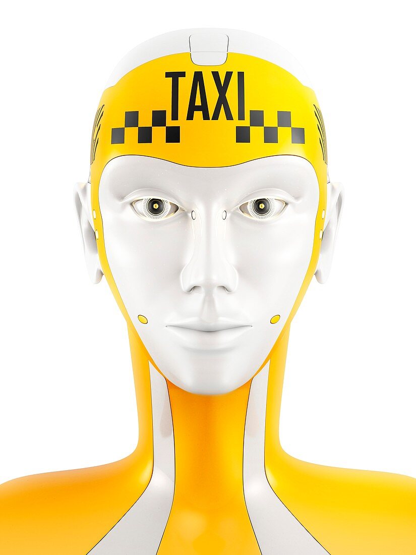 Robot taxi driver, conceptual illustration