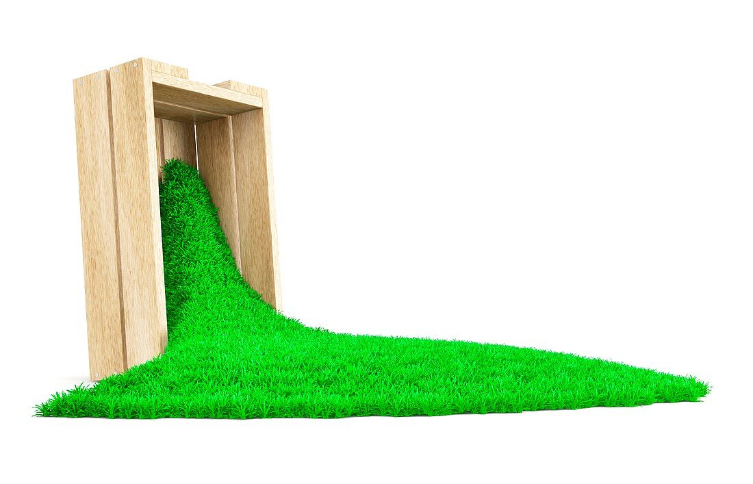 Wooden box spilling grass, illustration
