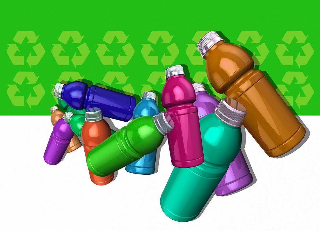 Plastic bottles and recycling symbol, illustration