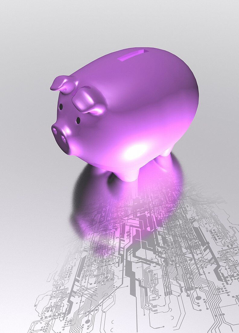 Purple piggy bank on circuit board, illustration