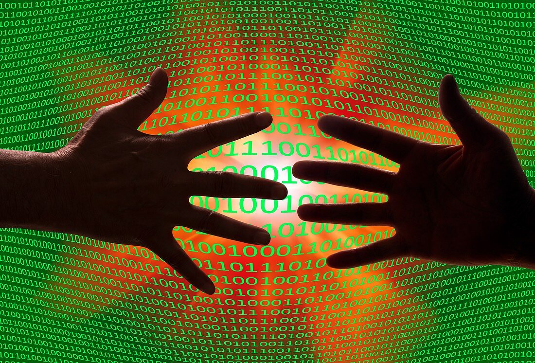 Hands with binary code