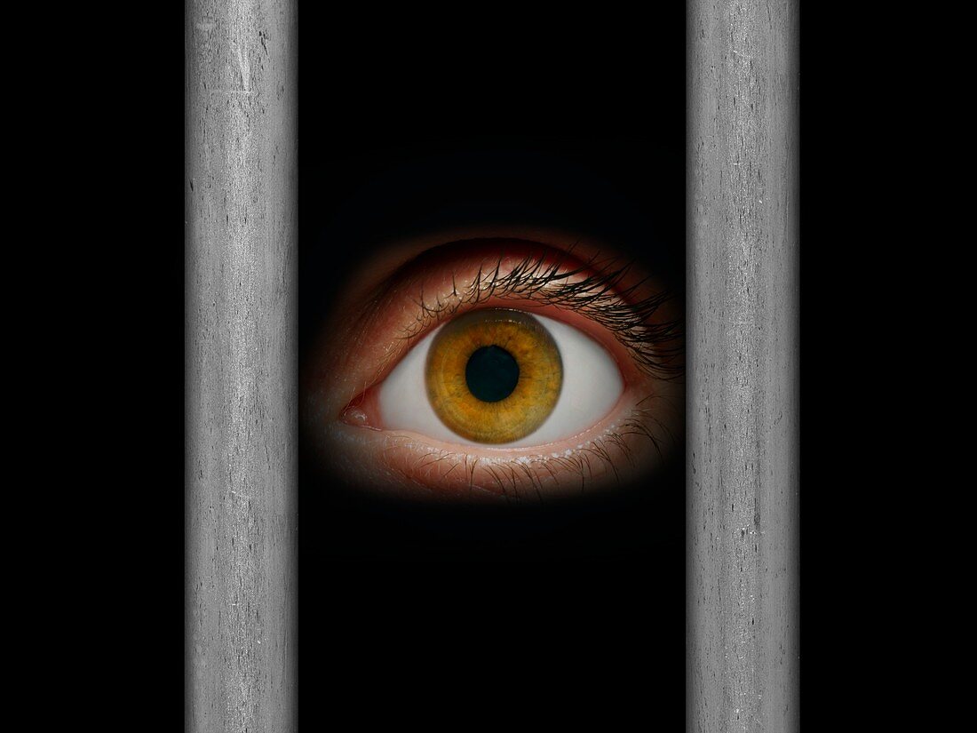 Human eye staring through bars