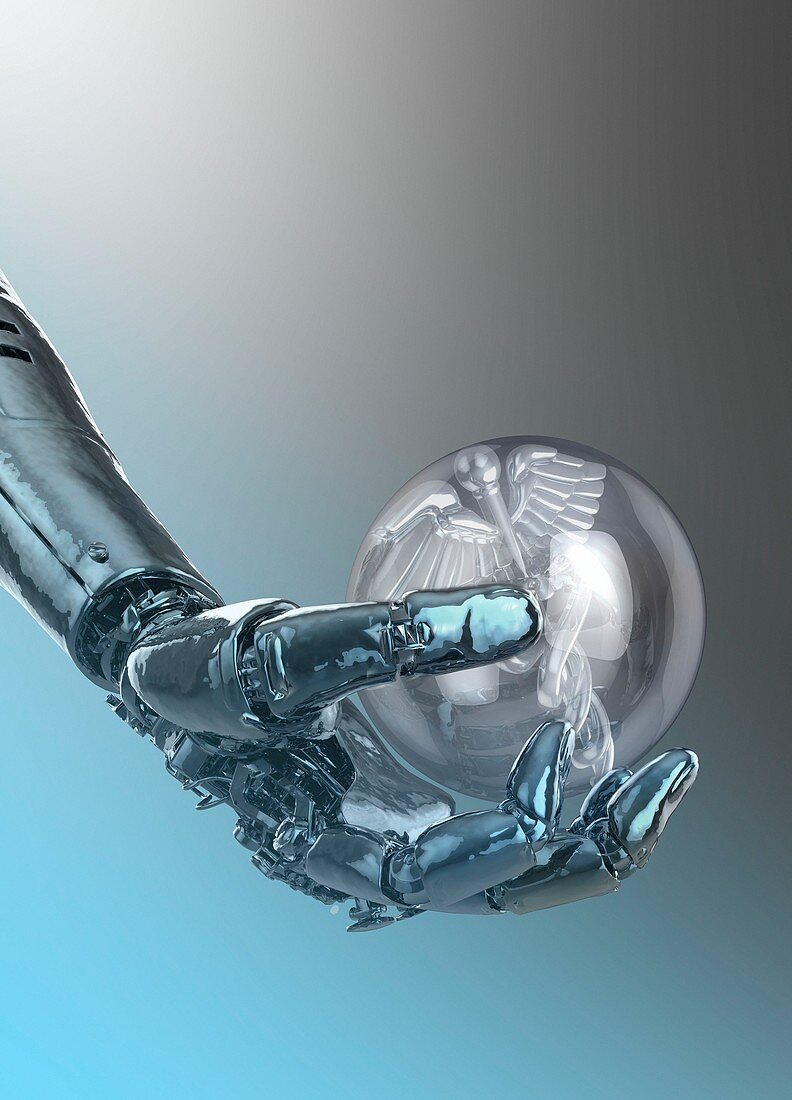 Robotic hand holding sphere with caduceus, illustration
