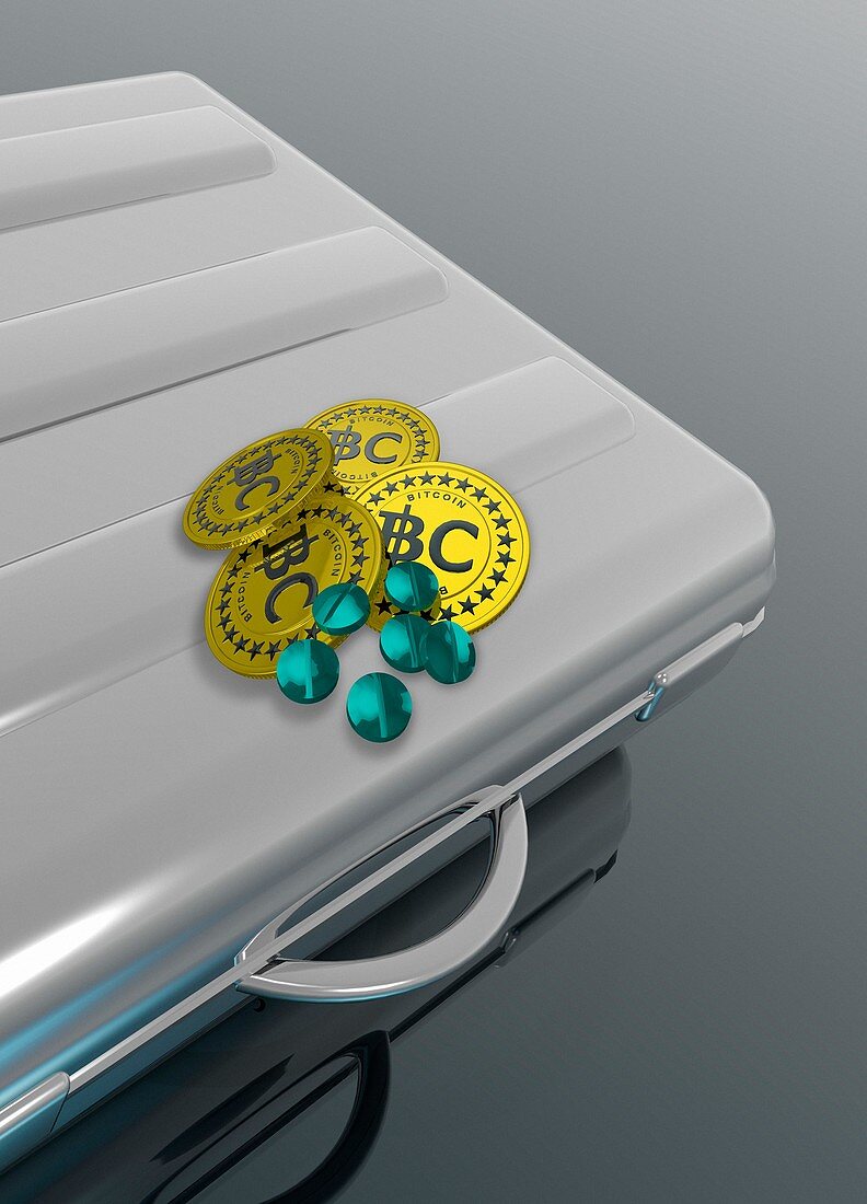 Bitcoins and pills on briefcase, illustration