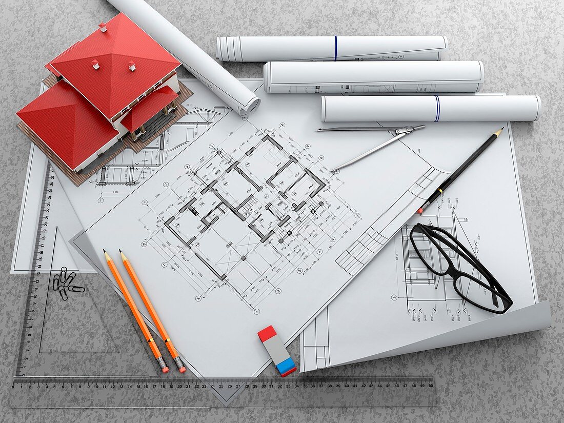 Model of house and architectural blueprints, illustration