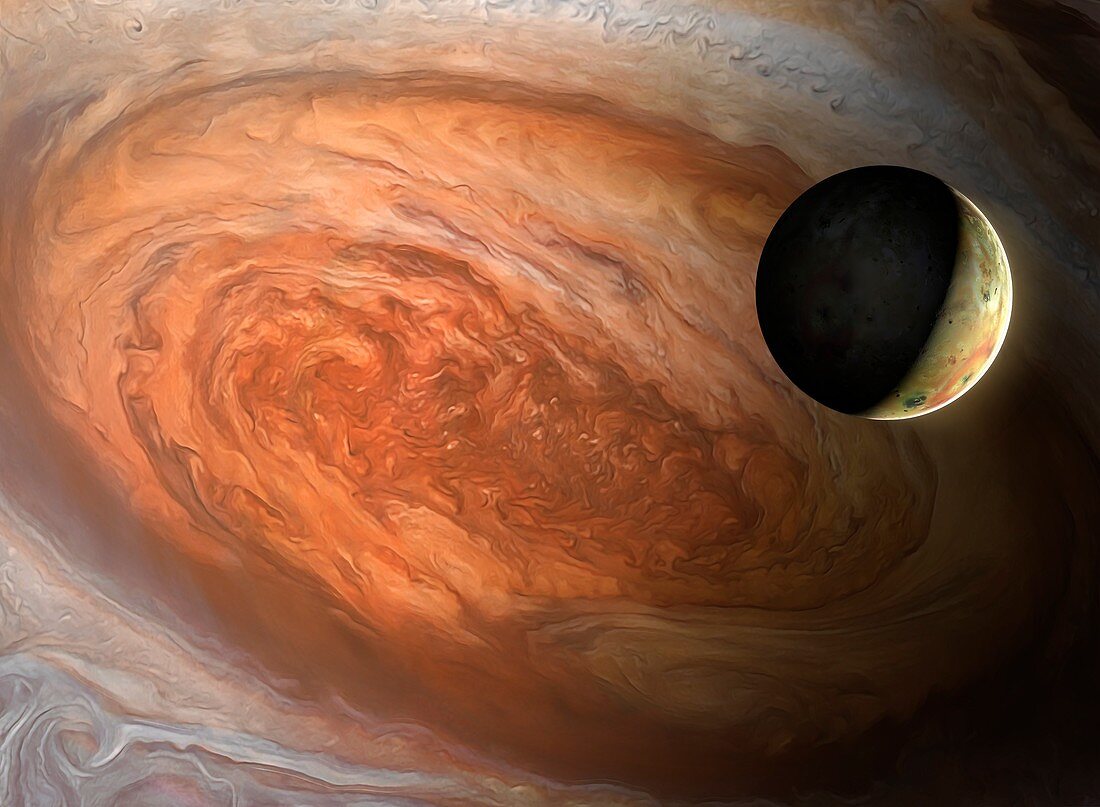 Jupiter's Great Red Spot and Io, illustration