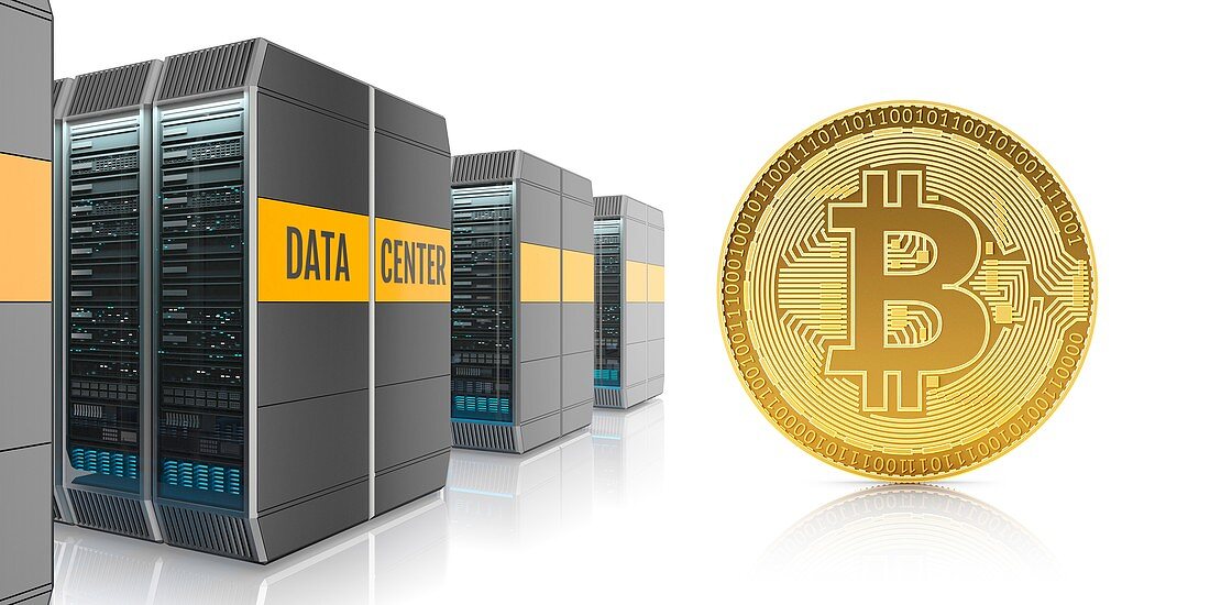 Golden bitcoin and digital farm, illustration