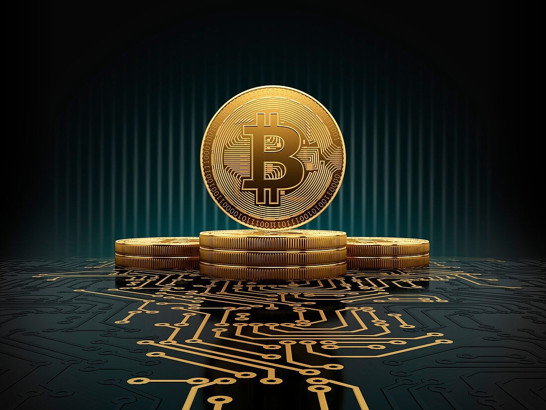 Golden bitcoins on circuit board, illustration