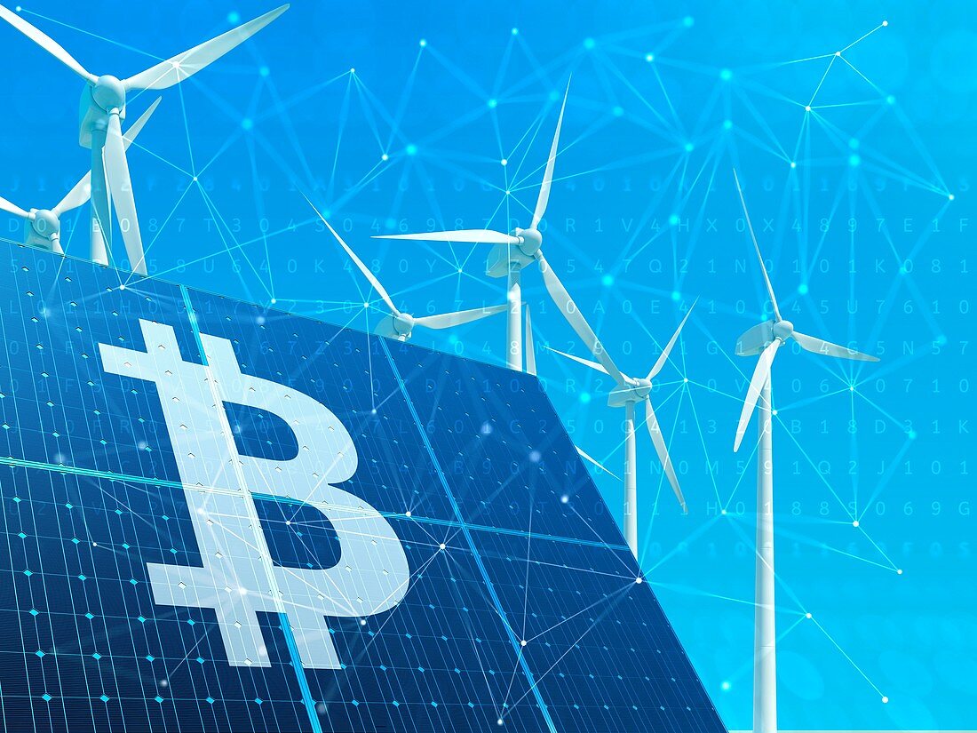 Bitcoin mining with green energy, illustration