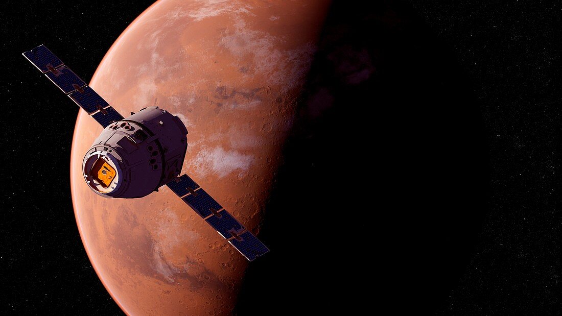 Illustration of a satellite in front of Mars